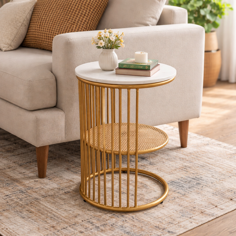 Modern Round Marble Top Side Table With Shelf