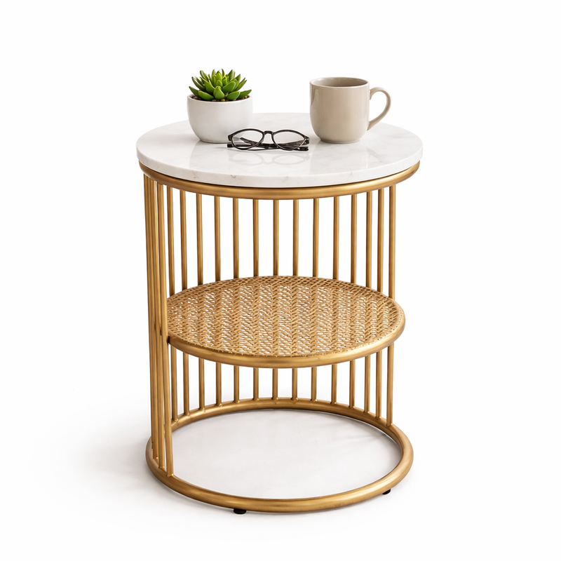 Modern Round Marble Top Side Table With Shelf