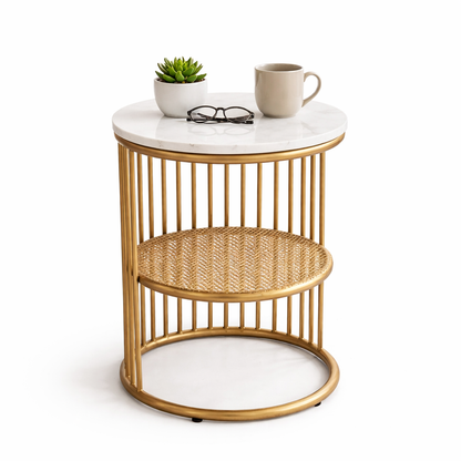 Modern Round Marble Top Side Table With Shelf