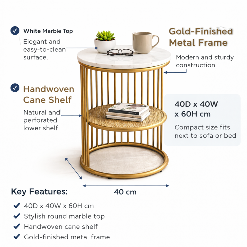 Modern Round Marble Top Side Table With Shelf