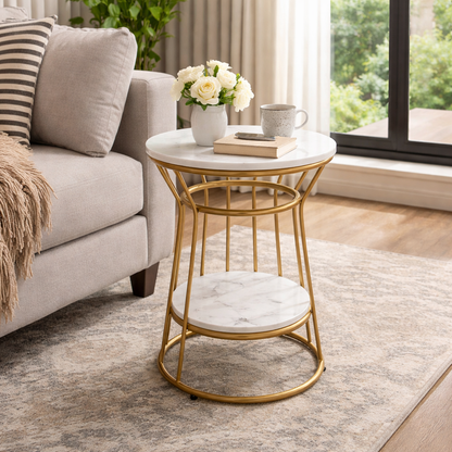 Modern Round Marble Top Side Table With Shelf