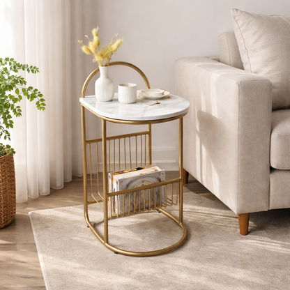 Modern Round Marble Top Side Table With Shelf