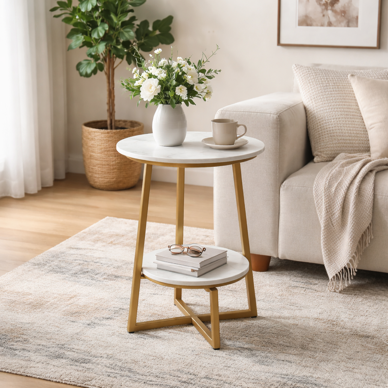 Modern Round Marble Top Side Table With Shelf
