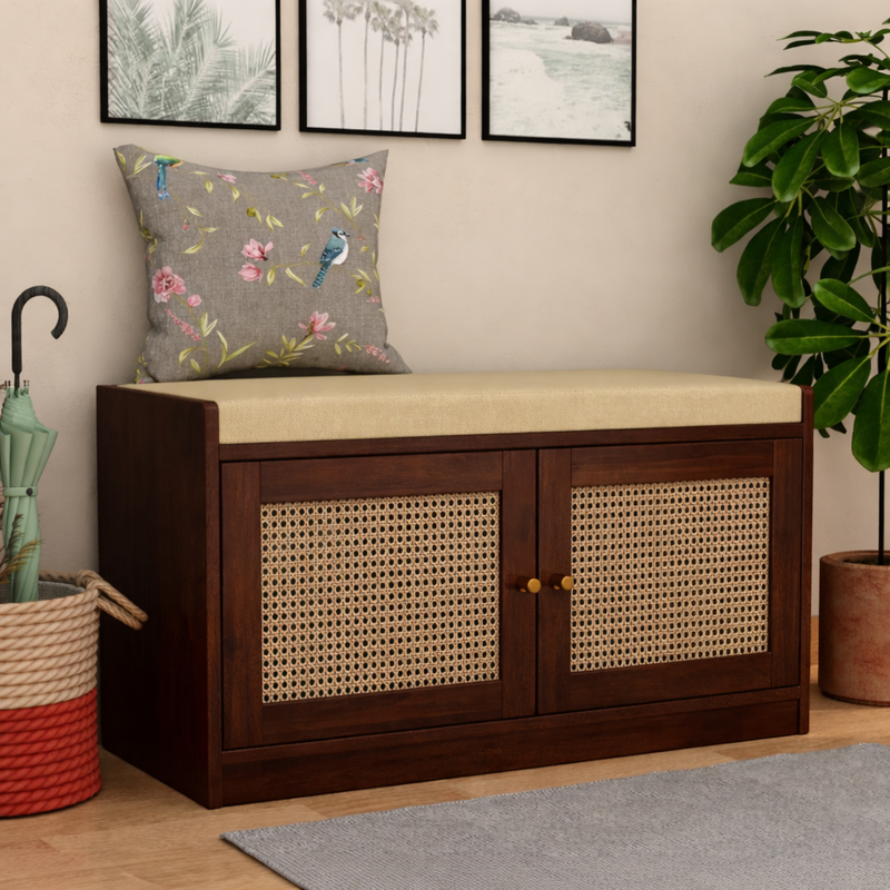 Bockle Premium Solid Wood Shoe Rack With Cane Work & Cushioned Seating