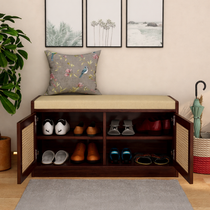 Bockle Premium Solid Wood Shoe Rack With Cane Work & Cushioned Seating