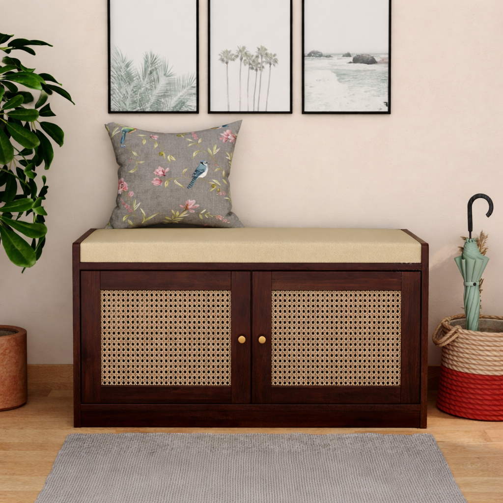 Bockle Premium Solid Wood Shoe Rack With Cane Work & Cushioned Seating
