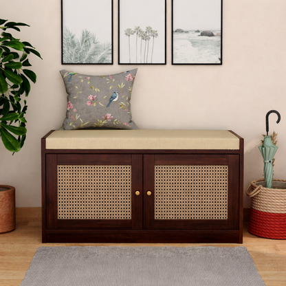 Bockle Premium Solid Wood Shoe Rack With Cane Work & Cushioned Seating