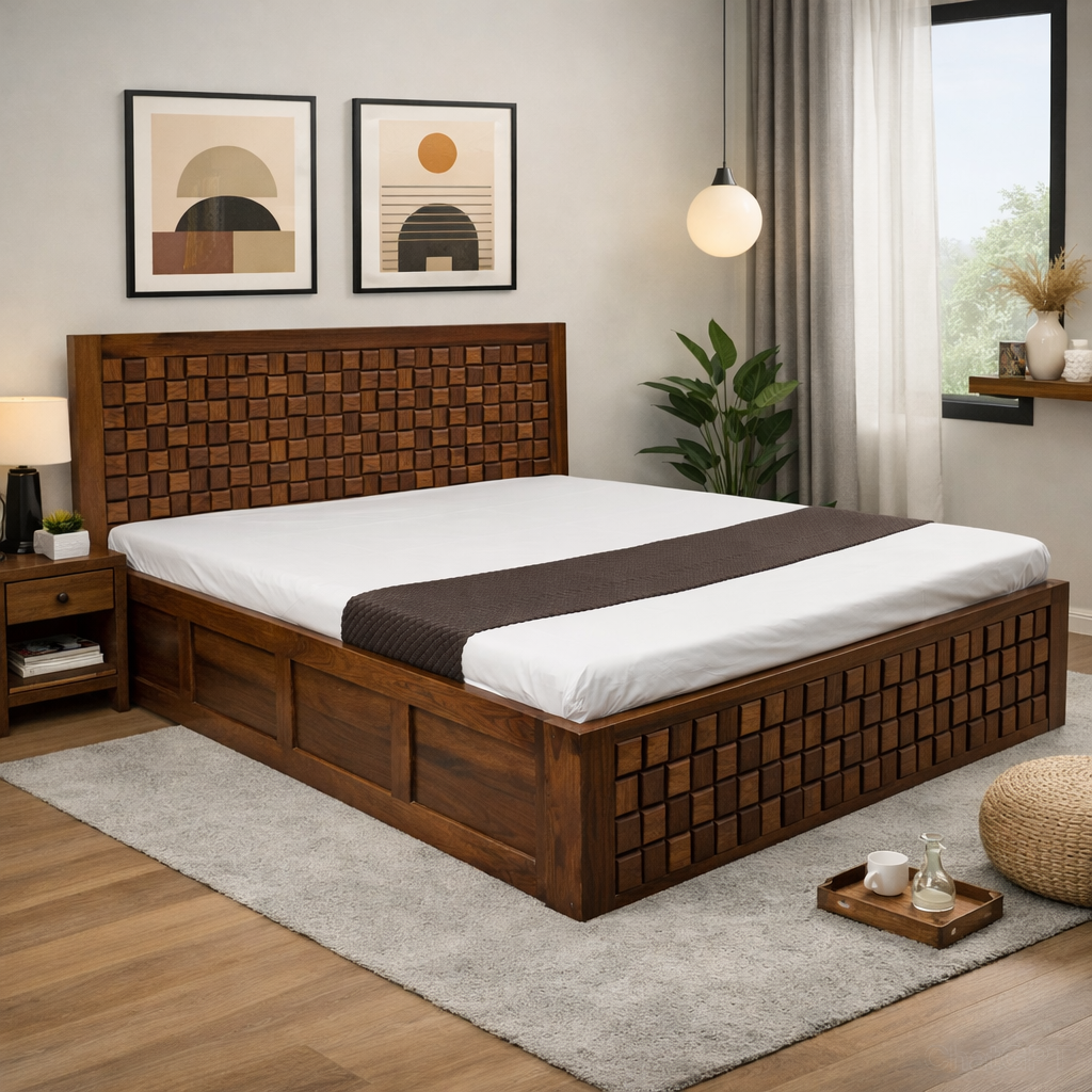 AUGHRIM Handcrafted Solid Sheesham Wood Bed with Geometric Panel Design