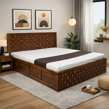 AUGHRIM Handcrafted Solid Sheesham Wood Bed with Geometric Panel Design