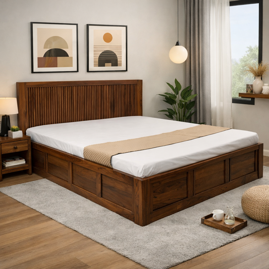 Modern Reed Solid Sheesham Wood Bed with Storage & Slatted Headboard