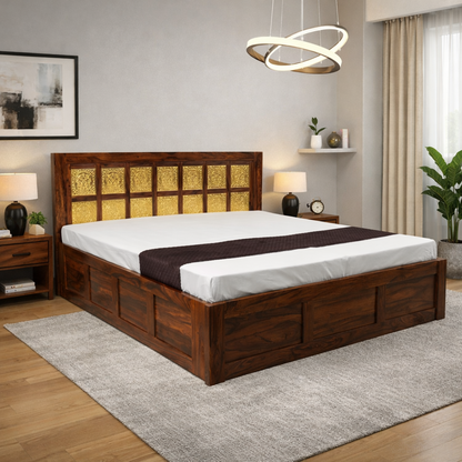Suryavanshi Solid Sheesham Wood Queen/King Size Bed with Designer Brass Work Headboard & Storage