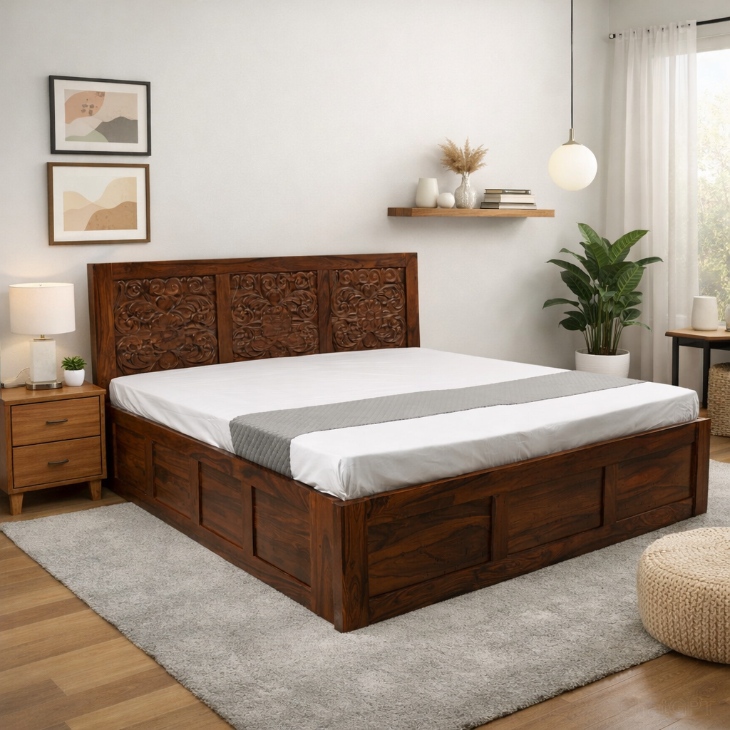 Suryavanshi Hand Carving Solid Sheesham Wood Storage Bed with Hydraulic Lift & Manual
