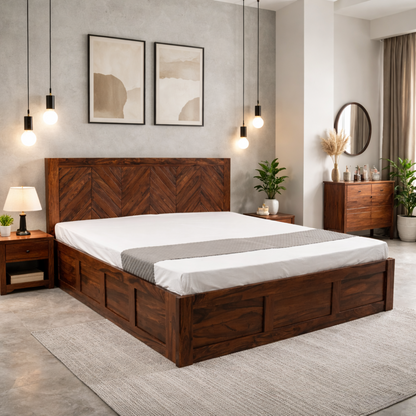 Chevron Solid Sheesham Wood Storage Bed Queen/ King