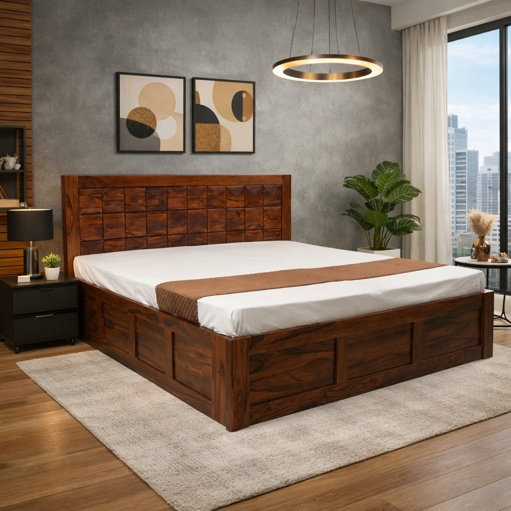 Suryavanshi Diamond Solid Sheesham Wood Storage Bed with Hydraulic Lift & Manual