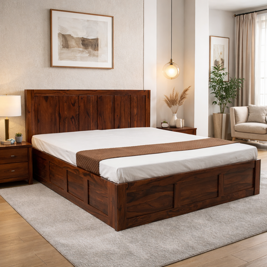 Suryavanshi Solid Sheesham Wood Storage Bed with Hydraulic Lift & Manual