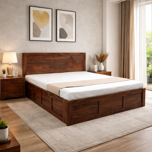 Suryavanshi Solid Sheesham Wood Storage Bed with Hydraulic Lift & Manual