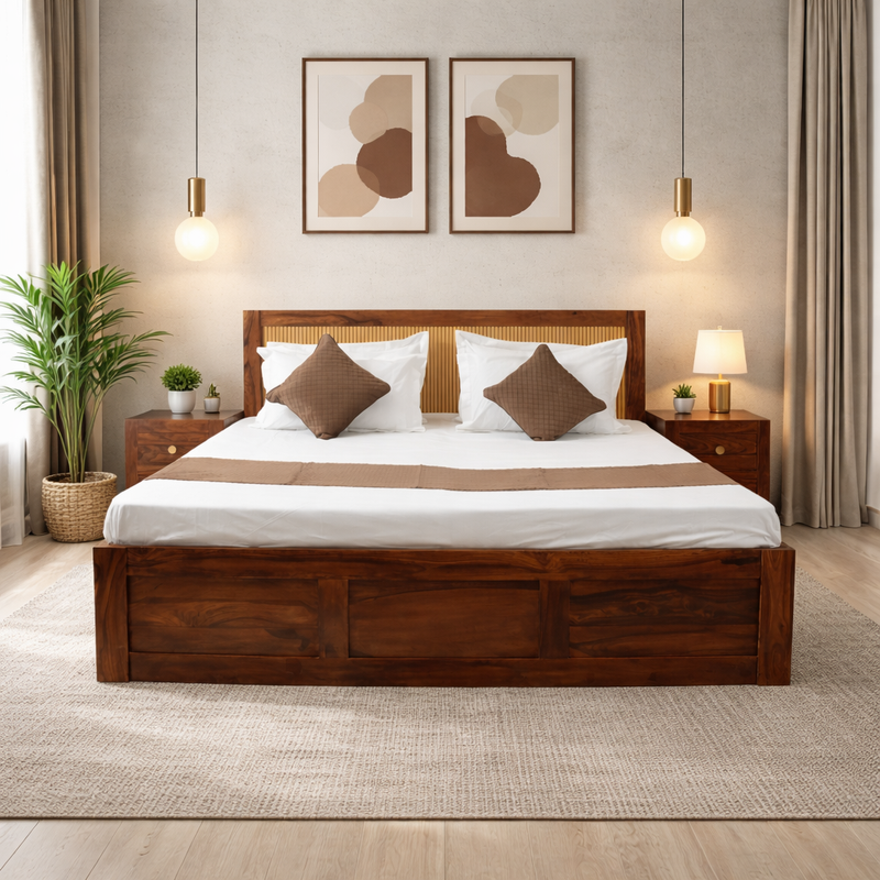 Modern Sheesham Wood Queen/King Bed with Slatted Headboard