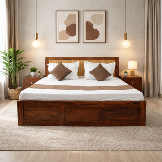 Modern Sheesham Wood Queen/King Bed with Slatted Headboard