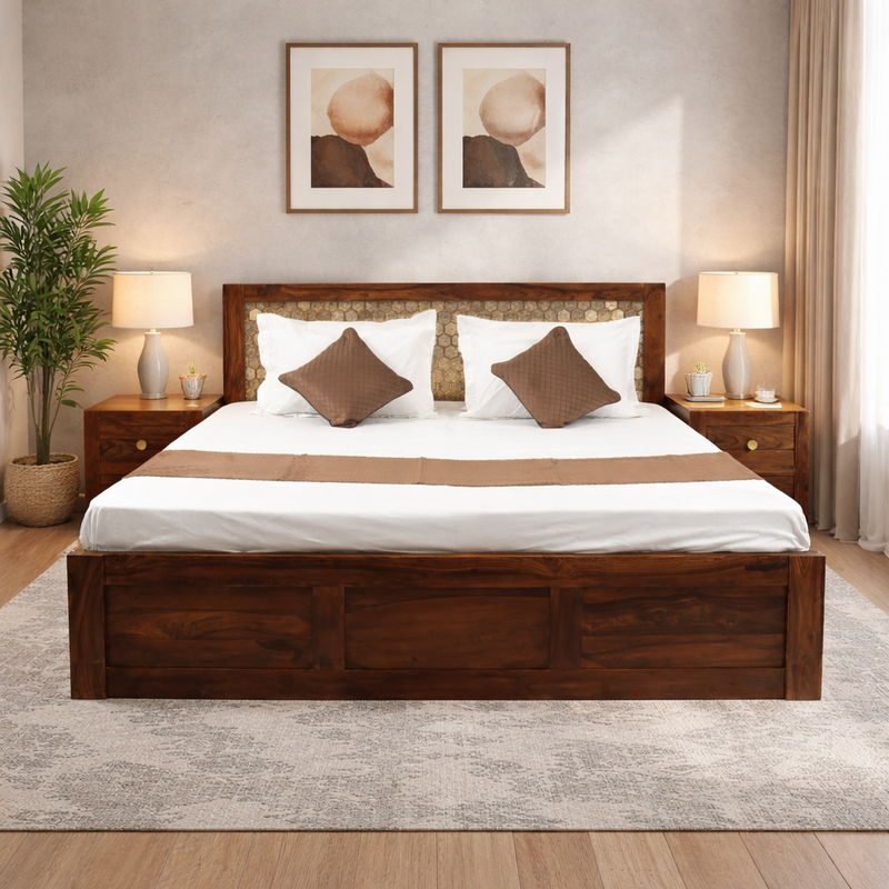 Sheesham Solid Wood Storage Bed with Decorative Headboard – Honey Finish