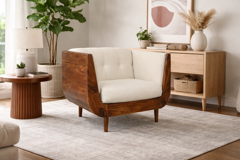 BOAT Sheesham Wood Sofa with Cream Velvet Upholstery – Modern Solid Wood 3-Seater (Honey Finish)