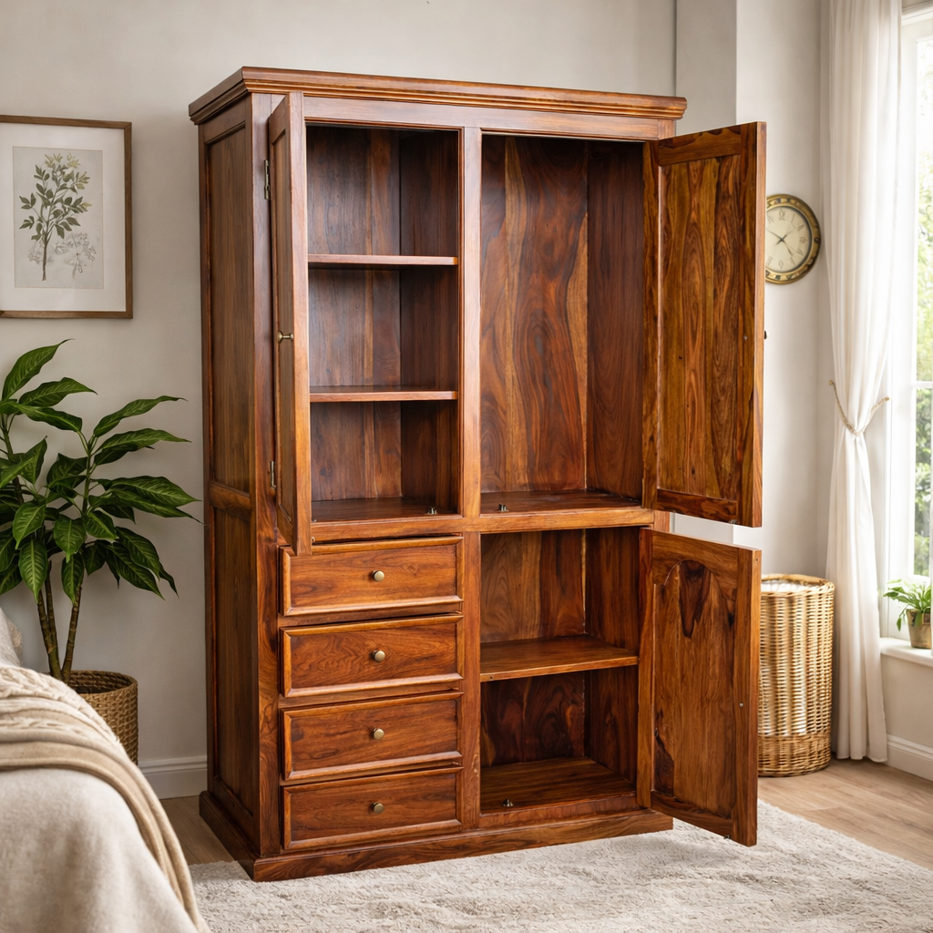 Solid Sheesham Wood 3 Door Wardrobe with 4 Drawers – Modern Bedroom Storage Cabinet
