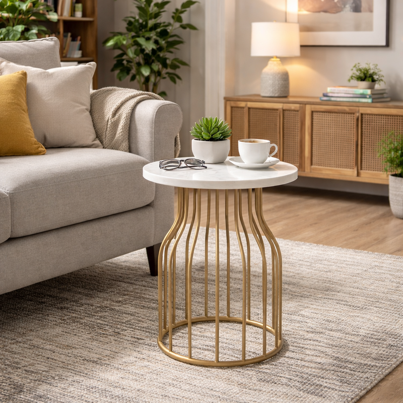 Modern Round Marble Top Side Table With Metal Base