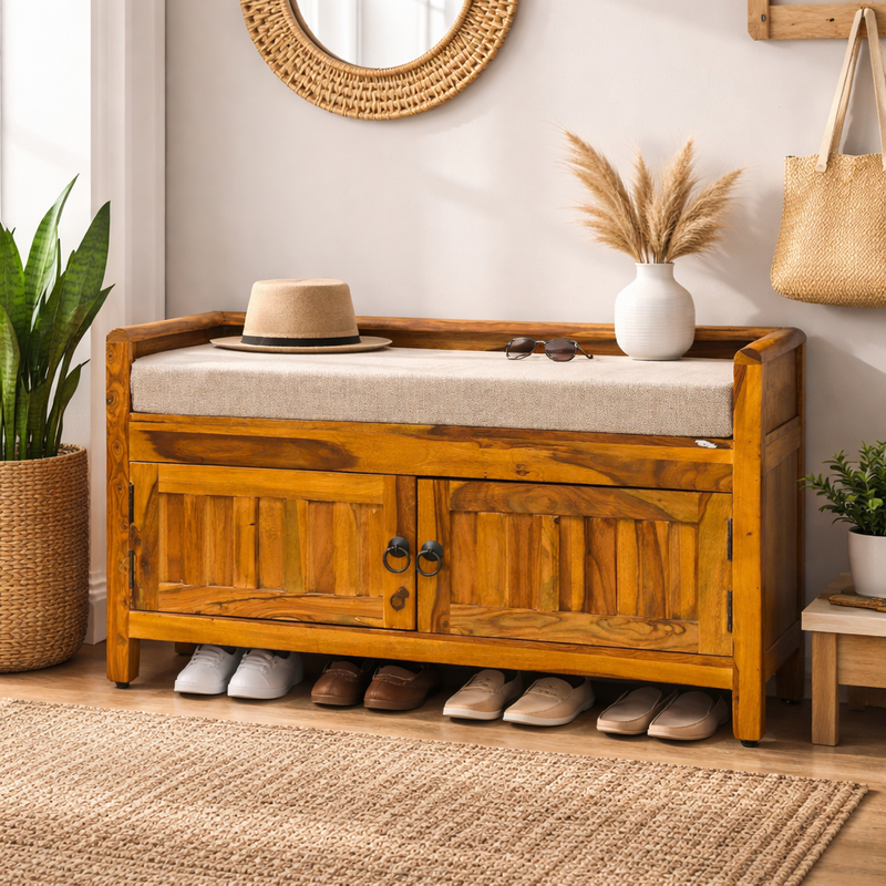 Suryavanshi Sheesham Wood Seating Shoe Rack – Stylish Entryway Organization
