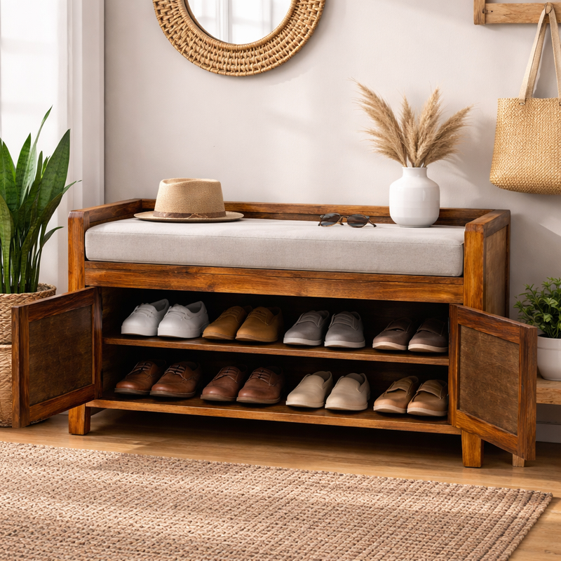 Suryavanshi Sheesham Wood Seating Shoe Rack – Stylish Entryway Organization