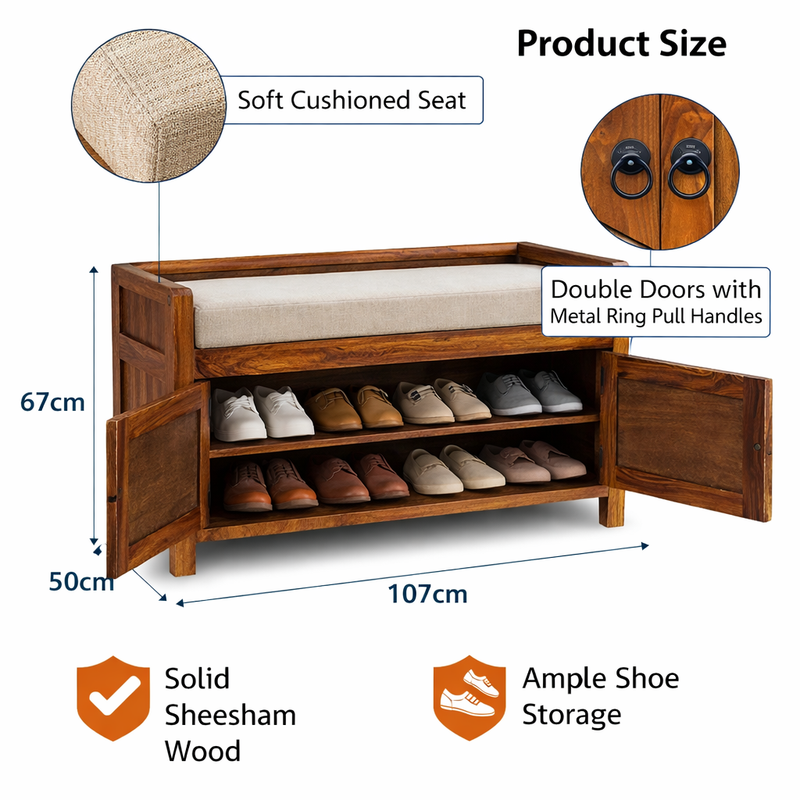 Suryavanshi Sheesham Wood Seating Shoe Rack – Stylish Entryway Organization