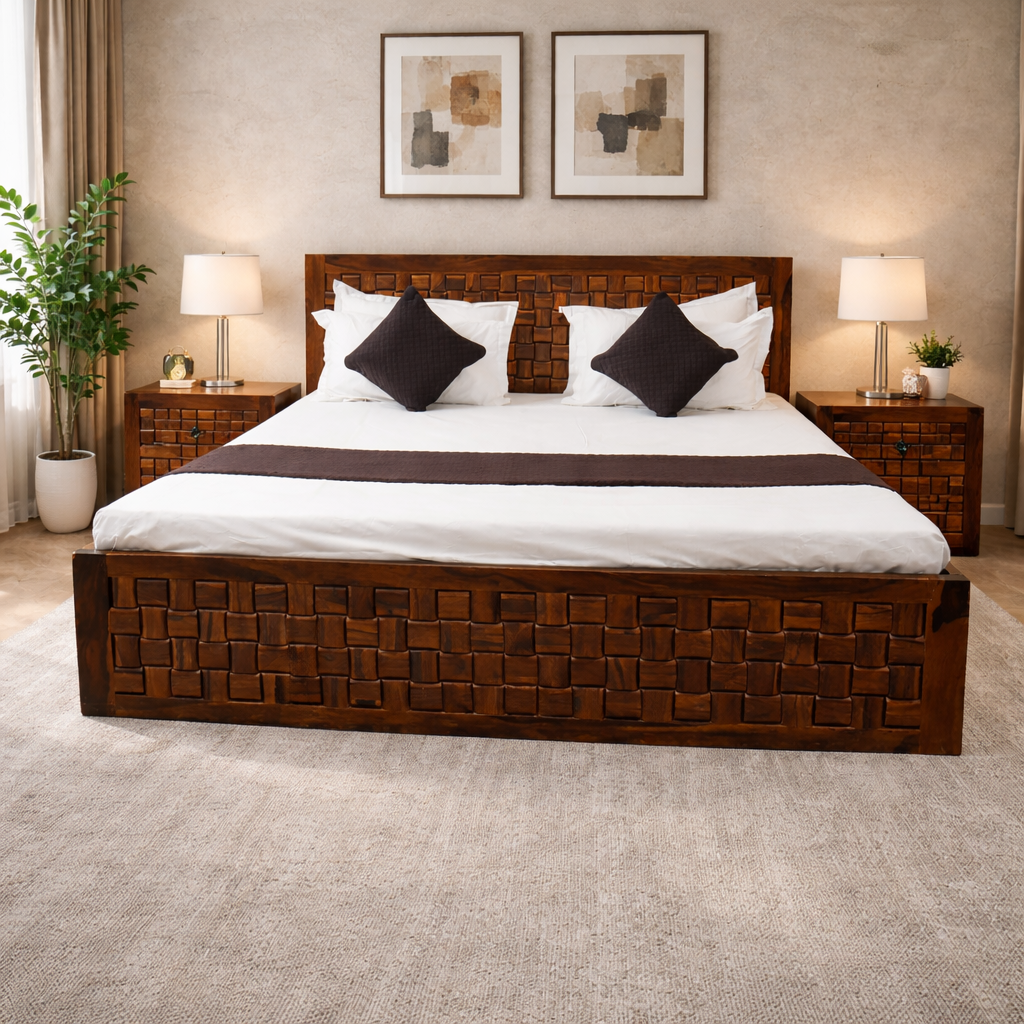 AUGHRIM Handcrafted Solid Sheesham Wood Bed with Geometric Panel Design