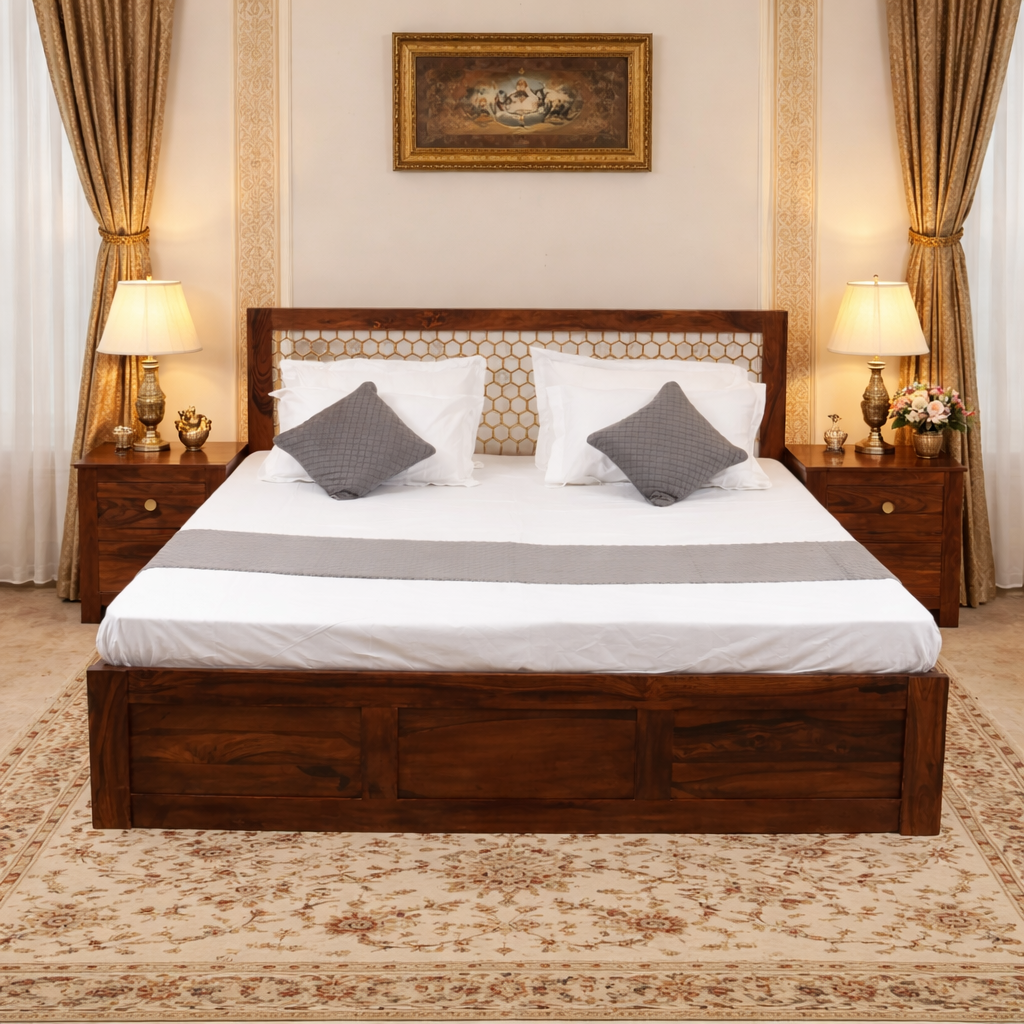 Geometric Lattice Sheesham Wood Storage Bed - King/Queen Size
