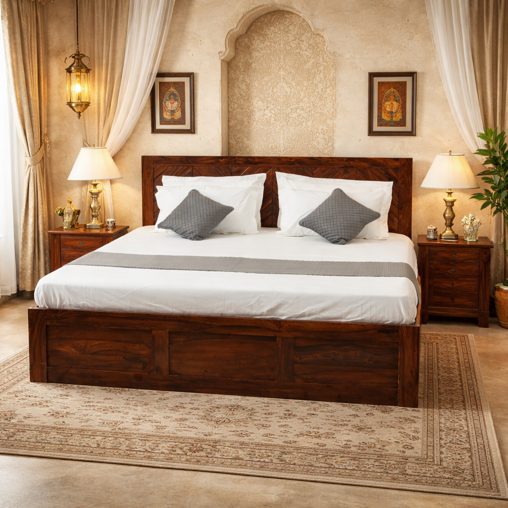 Chevron Solid Sheesham Wood Storage Bed Queen/ King