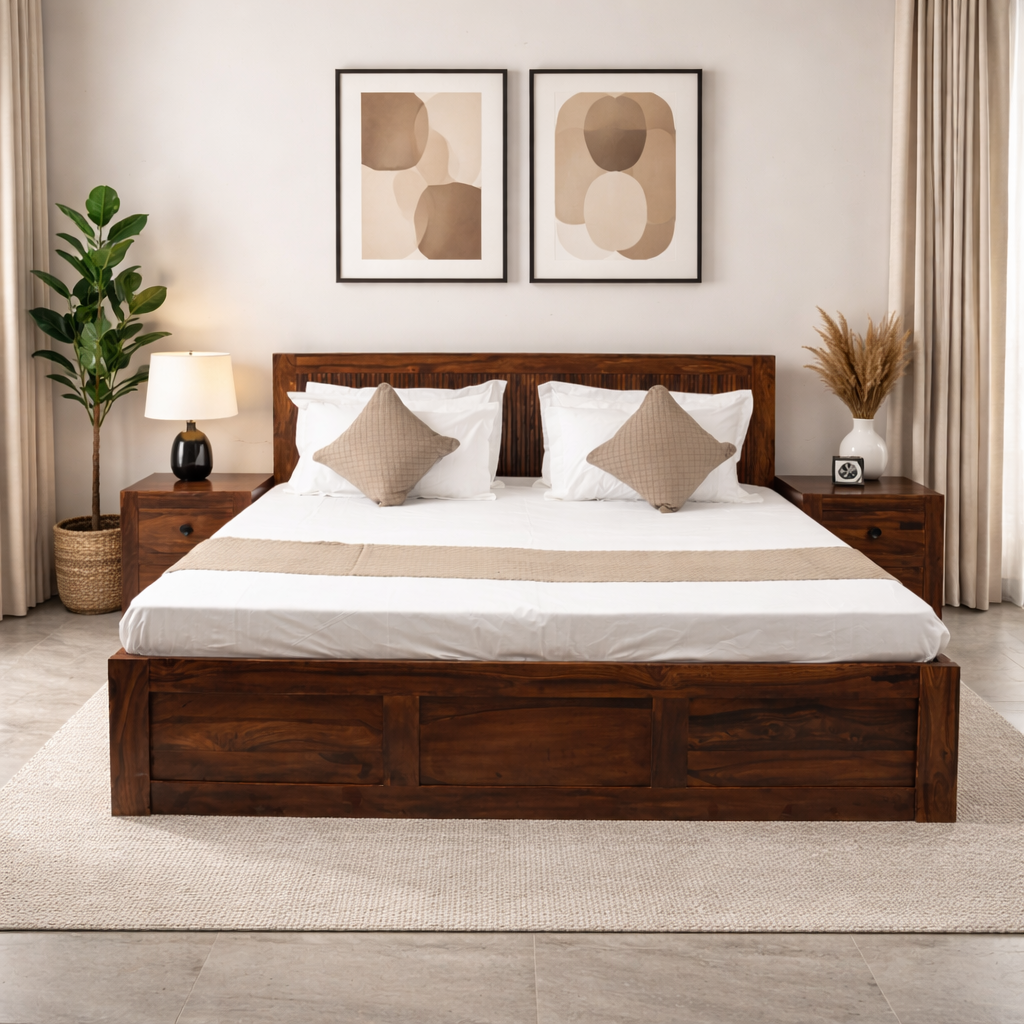 Modern Reed Solid Sheesham Wood Bed with Storage & Slatted Headboard