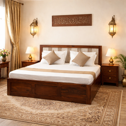 Suryavanshi Sheesham Wooden Storage Bed With Lift-Up Storage & Decorative Headboard