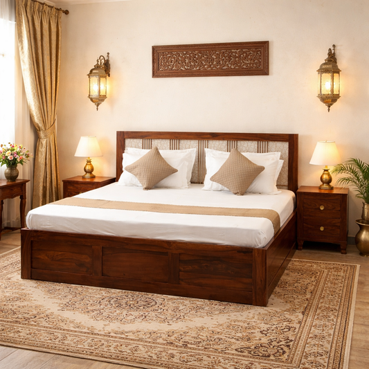 Premium Wooden Storage Bed | Sheesham Wood Bed with Lift-Up Storage & Decorative Headboard