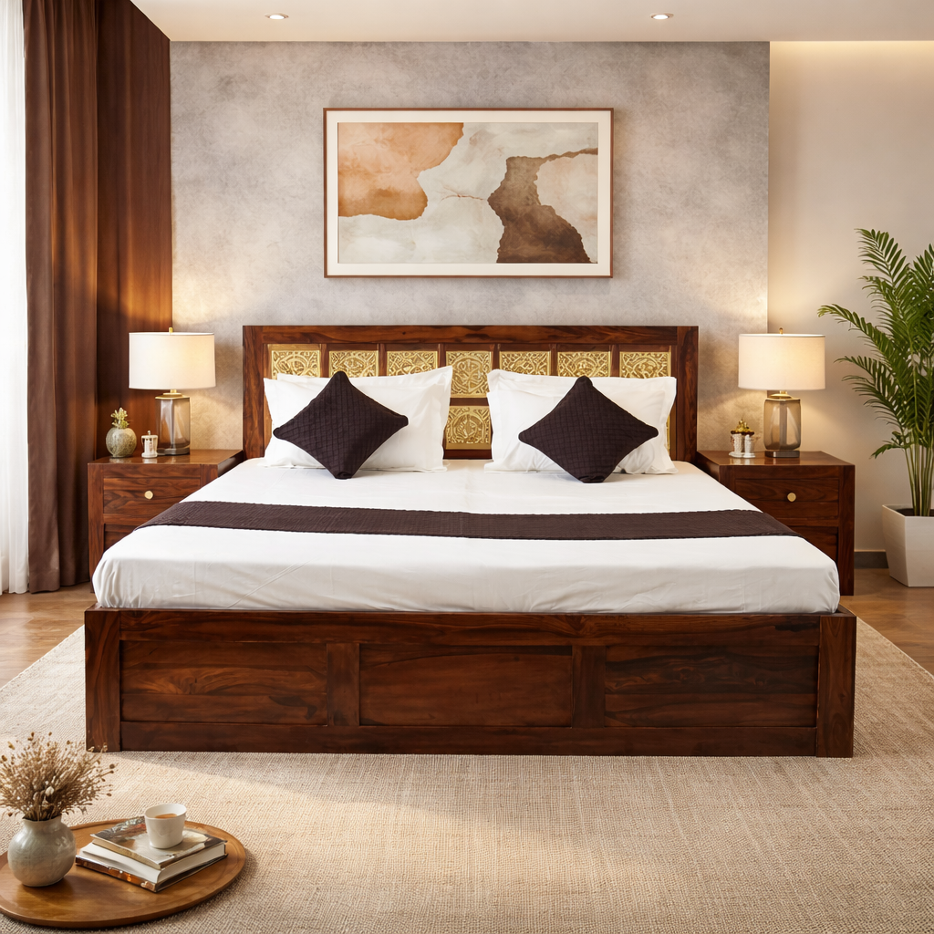 Suryavanshi Solid Sheesham Wood Queen/King Size Bed with Designer Brass Work Headboard & Storage