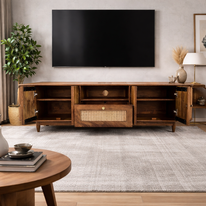 RIBBED Solid Mango Wood TV Unit with Rattan Cane Work | 2 Door & 1 Drawer Media Unit