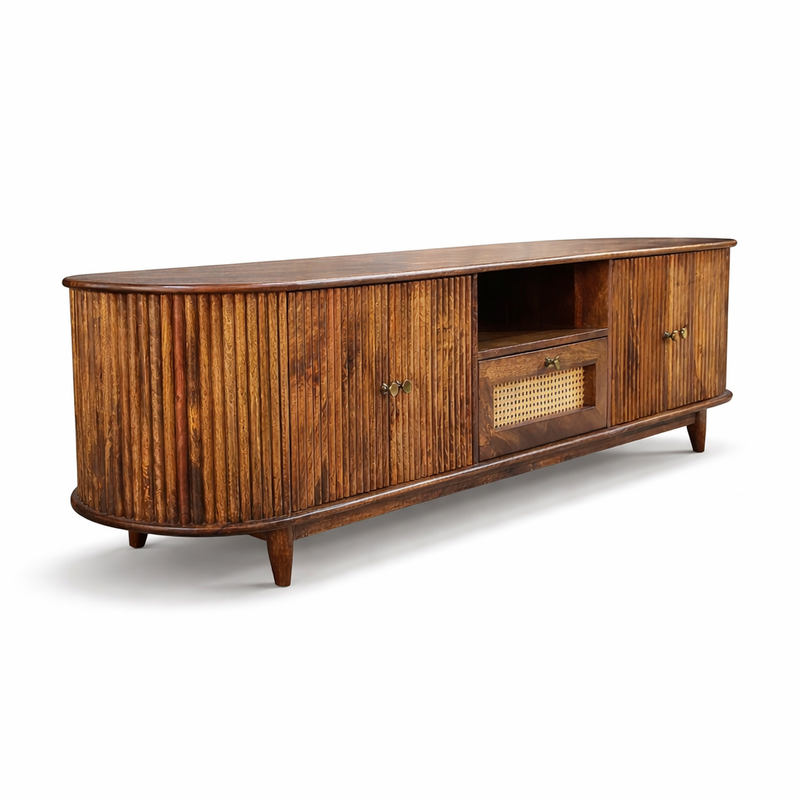 RIBBED Solid Mango Wood TV Unit with Rattan Cane Work | 2 Door & 1 Drawer Media Unit