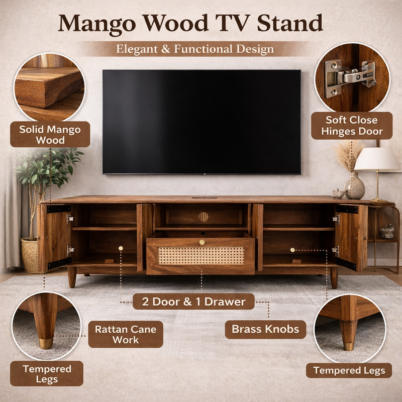 RIBBED Solid Mango Wood TV Unit with Rattan Cane Work | 2 Door & 1 Drawer Media Unit