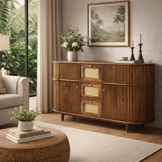 RIBBED Mango Solid Wood Cane Sideboard Cabinet
