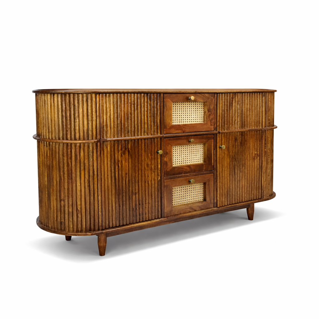 RIBBED Mango Solid Wood Cane Sideboard Cabinet