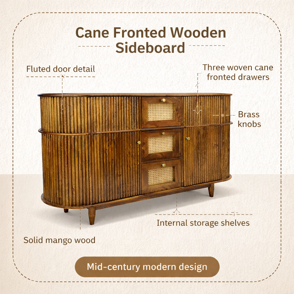 RIBBED Mango Solid Wood Cane Sideboard Cabinet