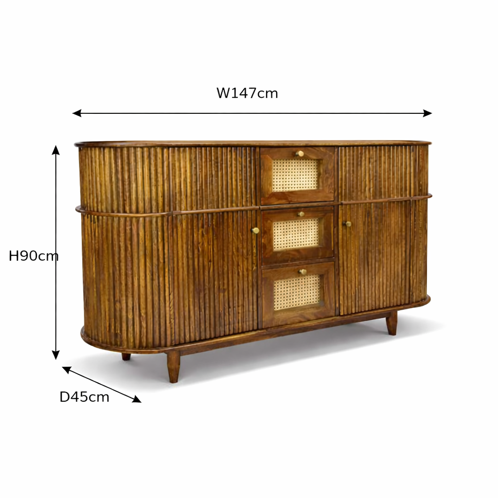 RIBBED Mango Solid Wood Cane Sideboard Cabinet