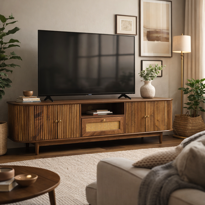 RIBBED Solid Mango Wood TV Unit with Rattan Cane Work | 2 Door & 1 Drawer Media Unit