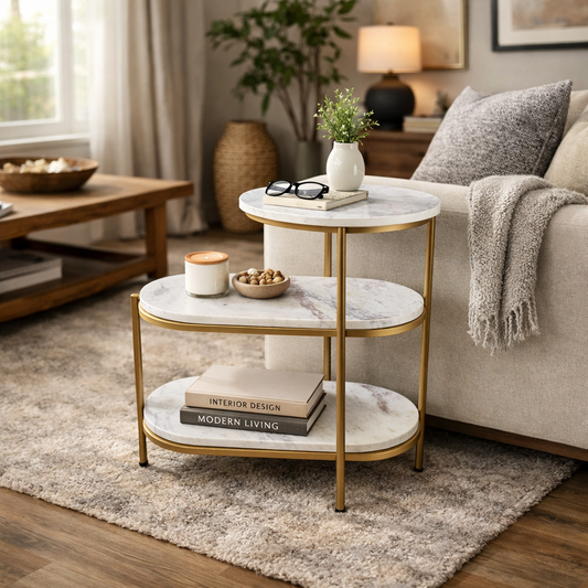 Modern Marble Top Side Table with Gold Finish Metal Base 3 Step