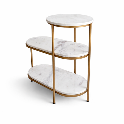 Modern Marble Top Side Table with Gold Finish Metal Base 3 Step