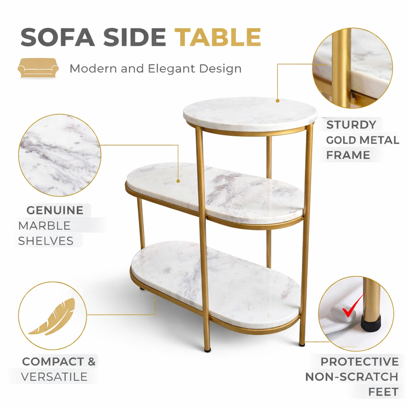Modern Marble Top Side Table with Gold Finish Metal Base 3 Step
