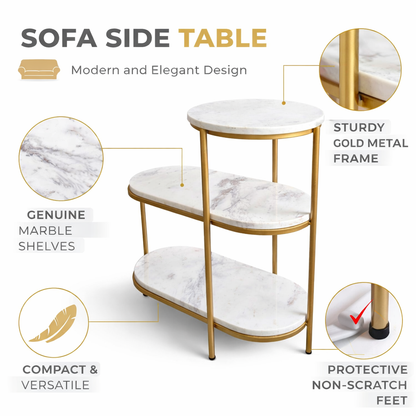 Modern Marble Top Side Table with Gold Finish Metal Base 3 Step
