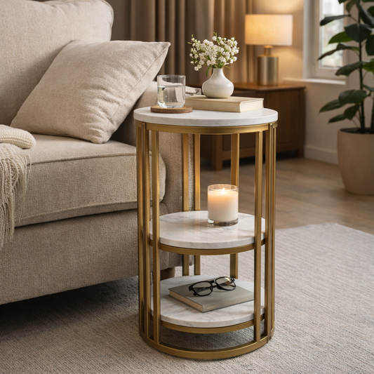 Modern Round Marble Top Side Table With Shelf