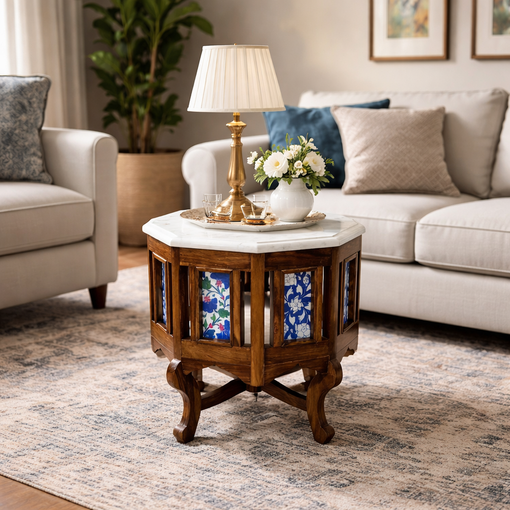 Octagon Marble Top Wooden Side Table – Solid Wood End Table for Living Room, Bedroom & Lounge